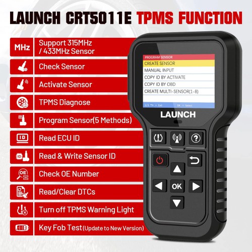 LAUNCH CRT5011E Newest TPMS Relearn Tool Support 315/ 433MHz TPMS Sensor, Read/Activate/Programming/Relearn/Reset/Key Fob Test